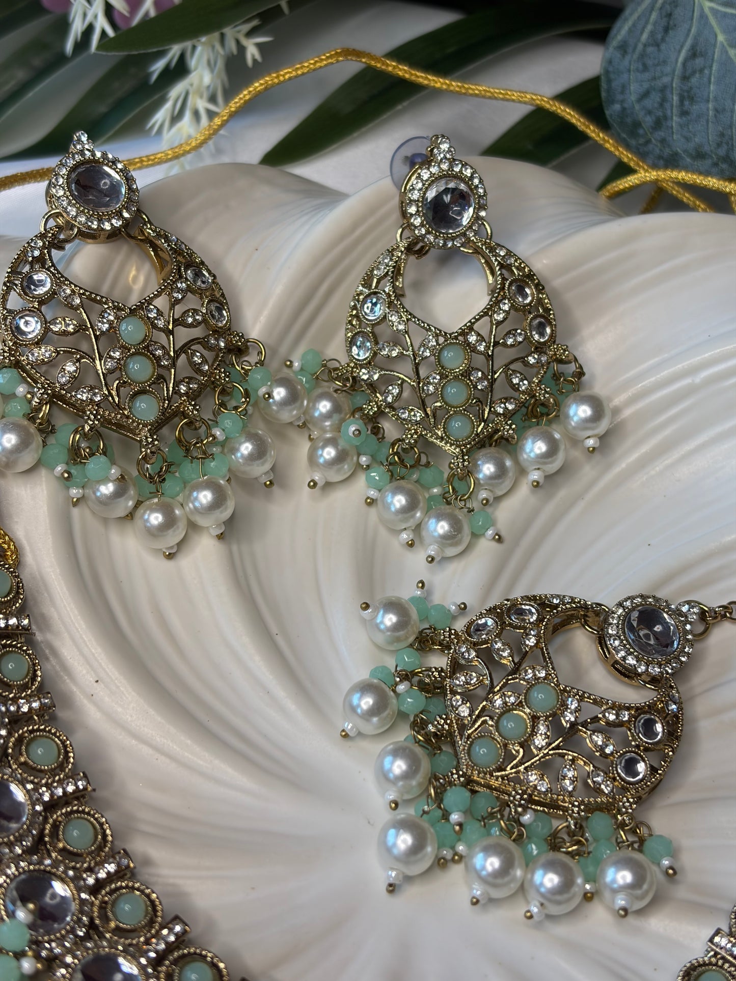 Green Pearl Necklace Set with Tikka, Indian Bridal Jewelry, Statement Earrings