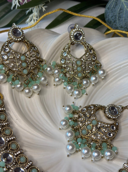 Green Pearl Necklace Set with Tikka, Indian Bridal Jewelry, Statement Earrings
