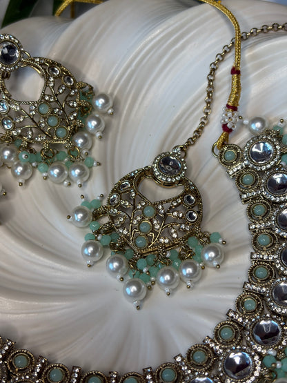 Green Pearl Necklace Set with Tikka, Indian Bridal Jewelry, Statement Earrings