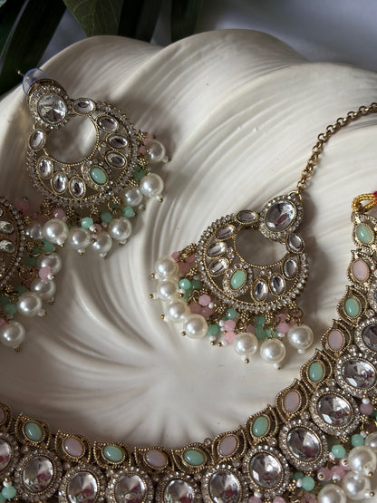 Mint Green and Pink Pearl Necklace Set with Tikka, Indian Bridal Jewelry, Statement Earrings