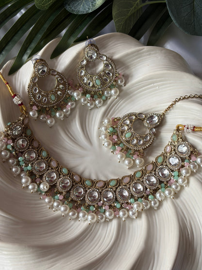 Mint Green and Pink Pearl Necklace Set with Tikka, Indian Bridal Jewelry, Statement Earrings