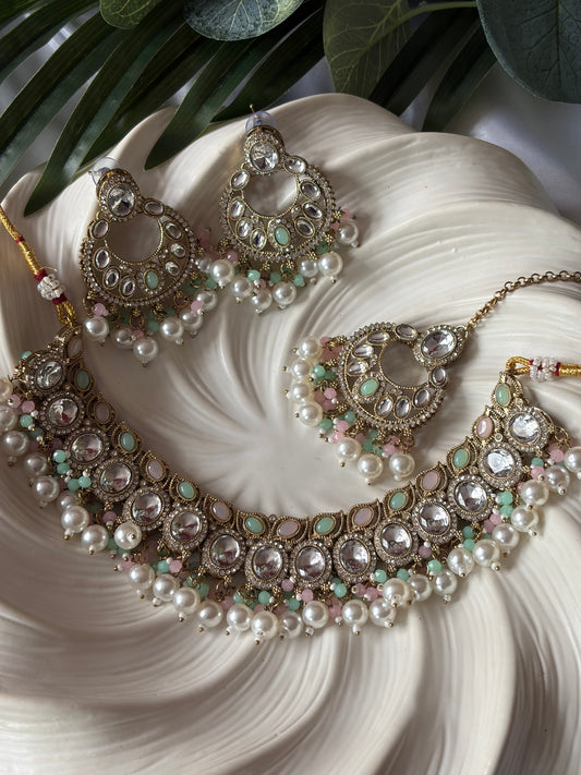 Mint Green and Pink Pearl Necklace Set with Tikka, Indian Bridal Jewelry, Statement Earrings