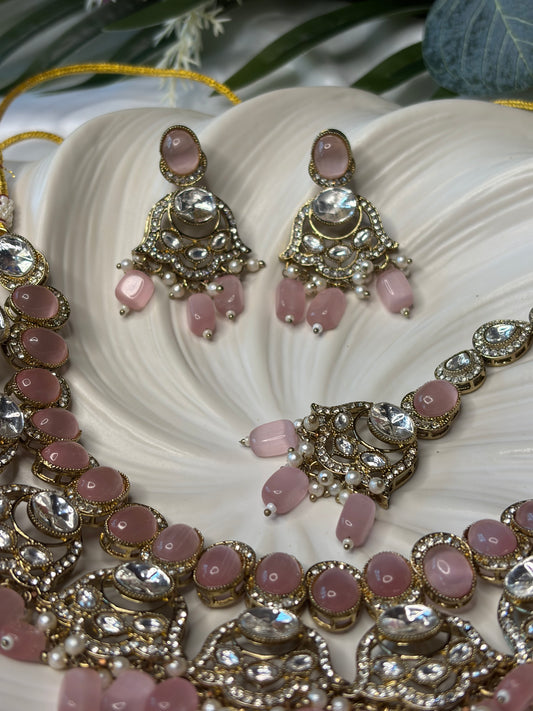 Blush Pink Gold Necklace Set with Earrings, Indian Wedding Bridal Jewelry