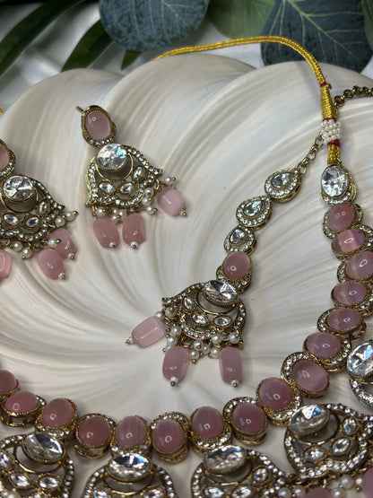 Blush Pink Gold Necklace Set with Earrings, Indian Wedding Bridal Jewelry
