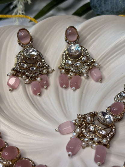 Blush Pink Gold Necklace Set with Earrings, Indian Wedding Bridal Jewelry