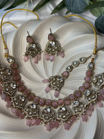 Blush Pink Gold Necklace Set with Earrings, Indian Wedding Bridal Jewelry