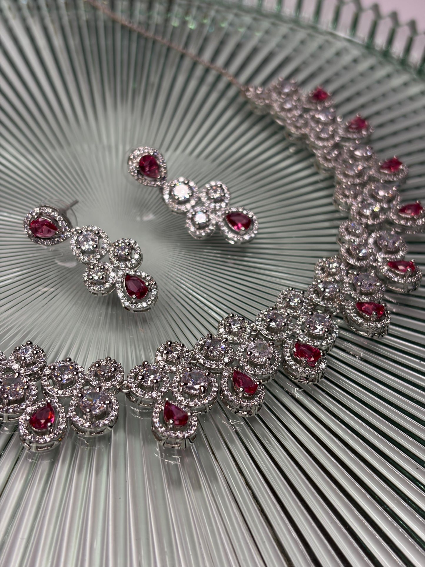 Sahara Blush Crystal Bridal Necklace Earrings Set, Silver Statement Jewelry