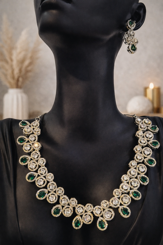 Sahara Emerald Bridal Necklace Set, Green Indian Wedding Jewellery, Crystal Statement Set