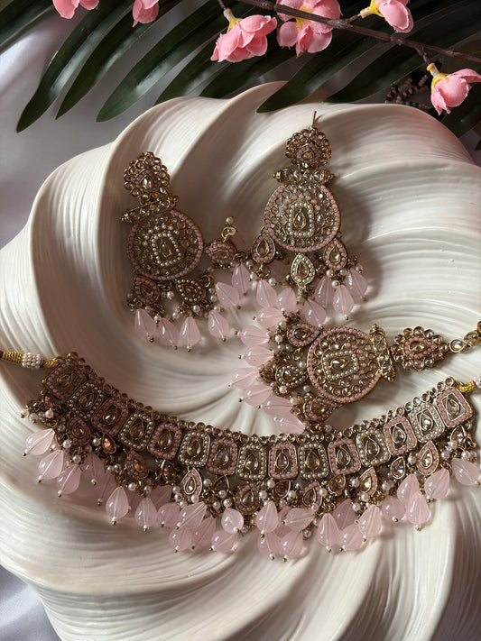 Blush Pink Bridal Necklace Set with Tikka, Gold Pearl Drop Jewellery
