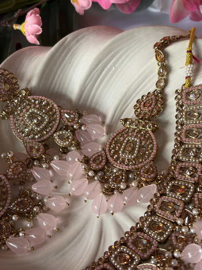 Blush Pink Bridal Necklace Set with Tikka, Gold Pearl Drop Jewellery