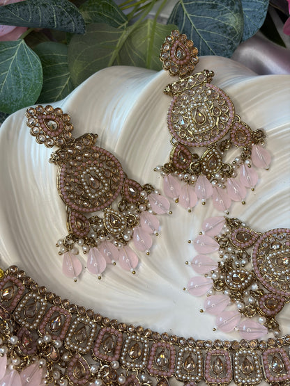 Blush Pink Bridal Necklace Set with Tikka, Gold Pearl Drop Jewellery