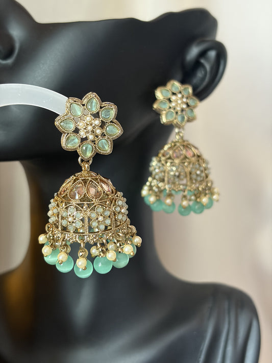Mint Green Jhumka Earrings, Gold Pearl Drop Bridal Jewelry