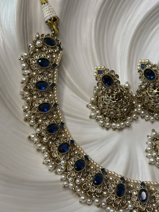 Navy Blue Bridal Necklace Set with Tikka, Pearl Statement Jewellery
