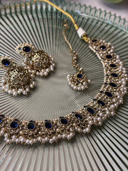 Navy Blue Bridal Necklace Set with Tikka, Pearl Statement Jewellery