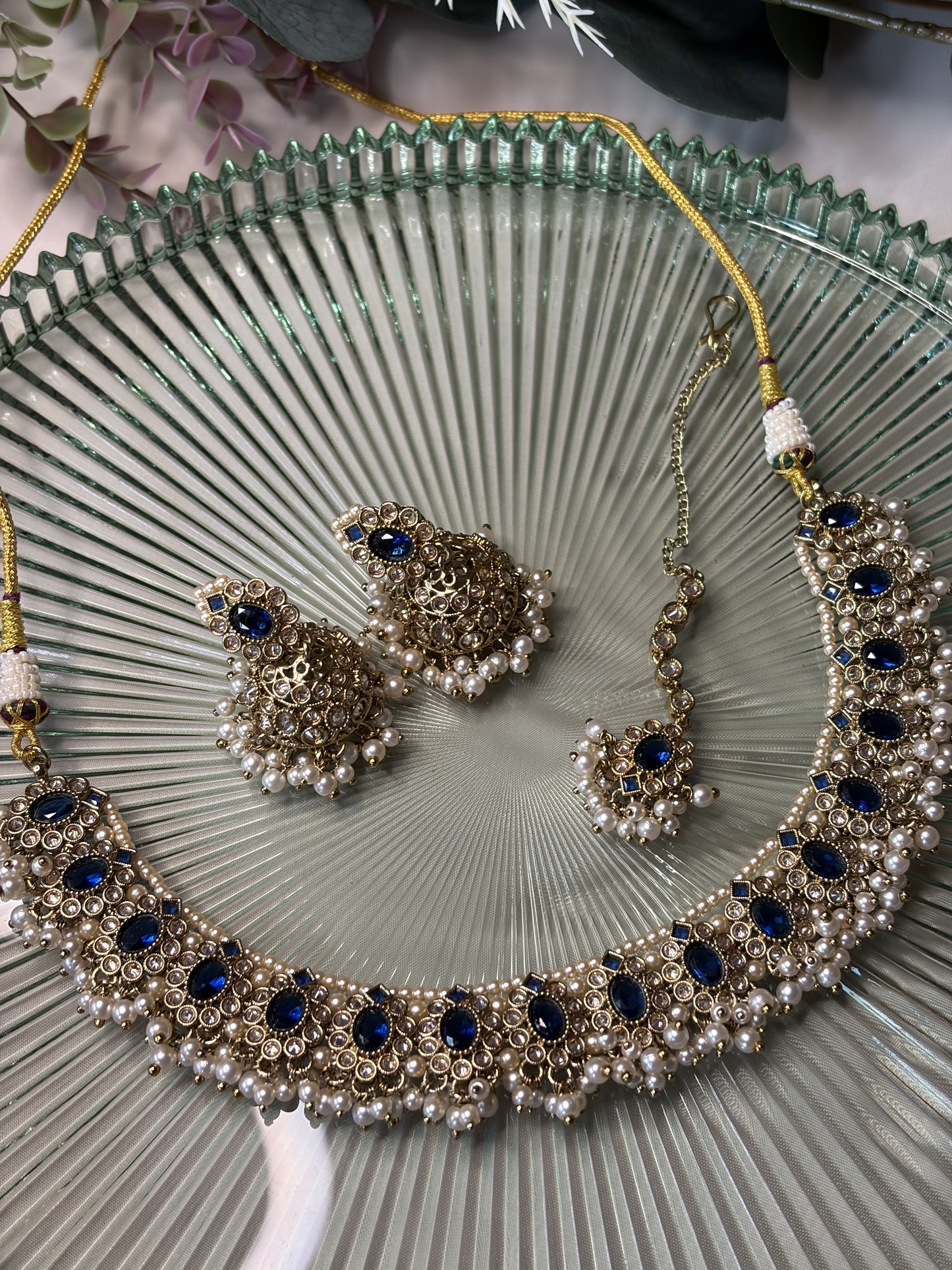Navy Blue Bridal Necklace Set with Tikka, Pearl Statement Jewellery