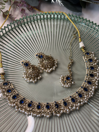 Navy Blue Bridal Necklace Set with Tikka, Pearl Statement Jewellery