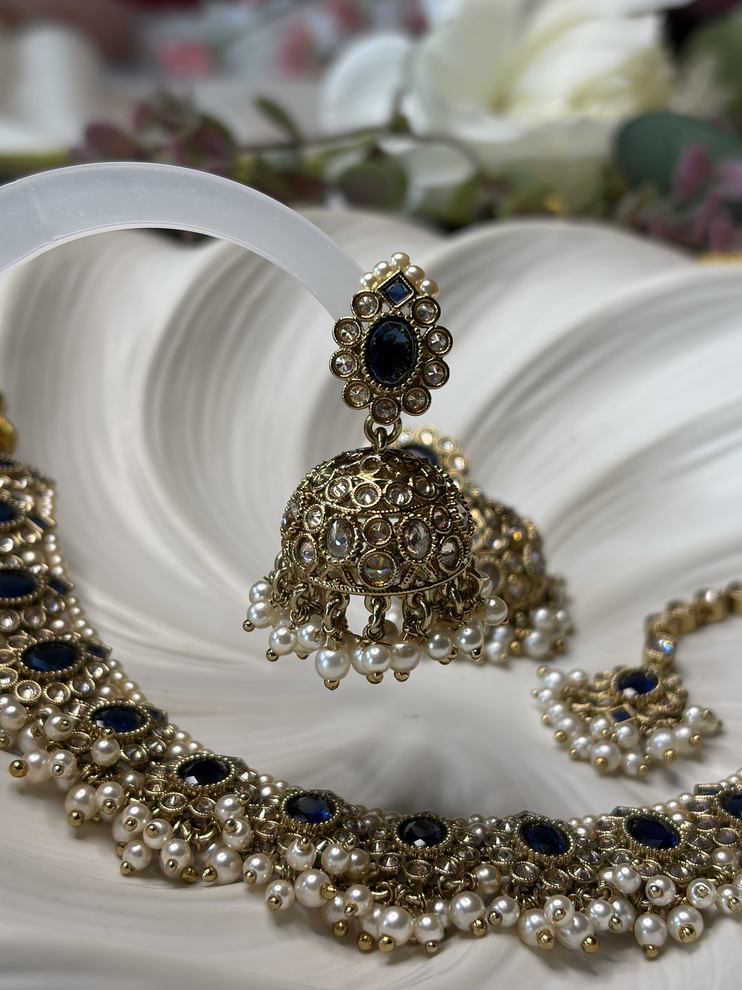Navy Blue Bridal Necklace Set with Tikka, Pearl Statement Jewellery