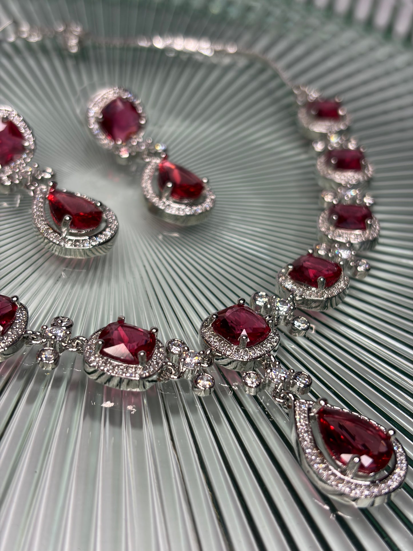 Ruby Red Crystal Necklace Earrings Set, Silver Bridal Statement Jewellery