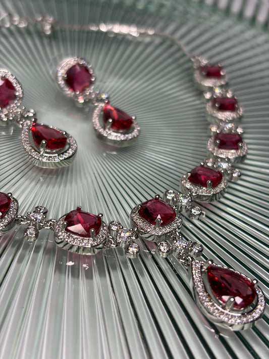 Ruby Red Crystal Necklace Earrings Set, Silver Bridal Statement Jewellery