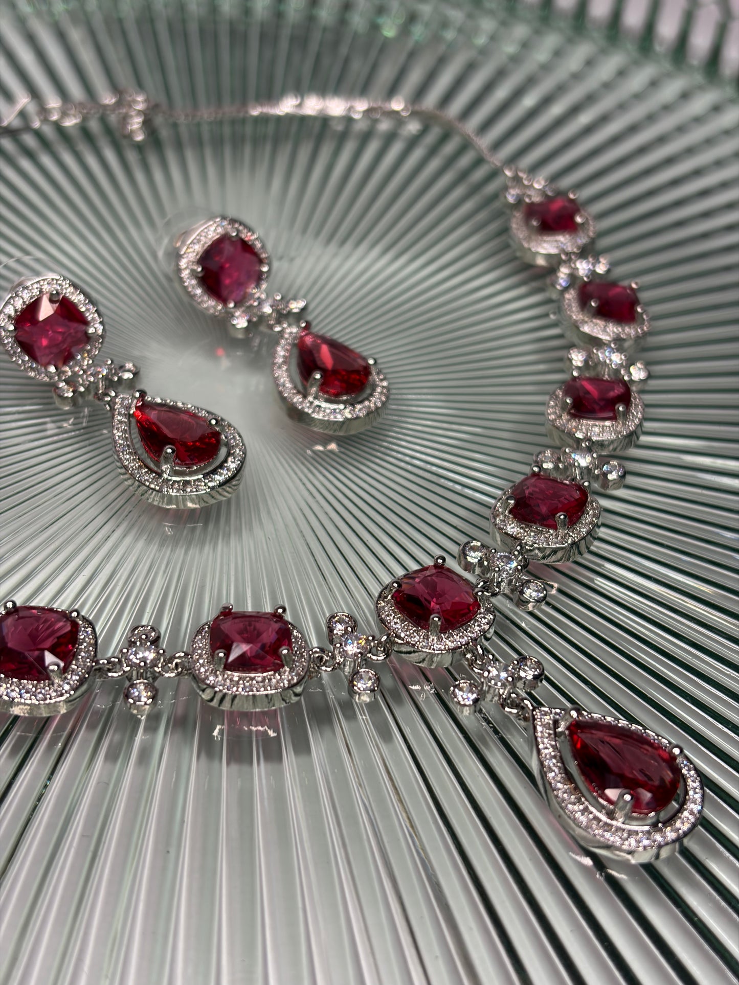 Ruby Red Crystal Necklace Earrings Set, Silver Bridal Statement Jewellery