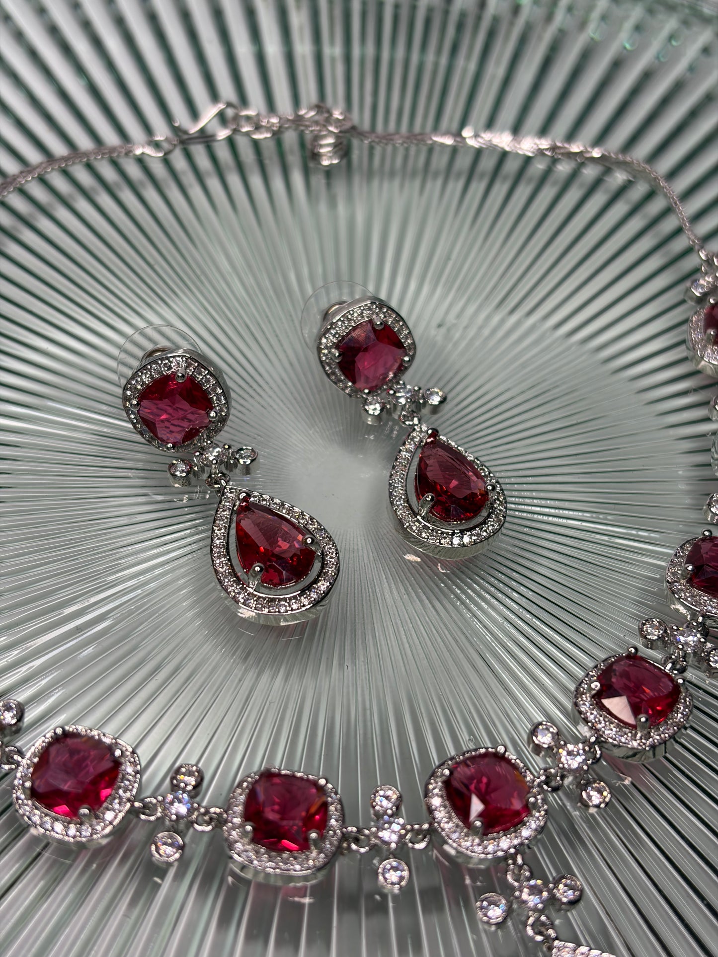 Ruby Red Crystal Necklace Earrings Set, Silver Bridal Statement Jewellery