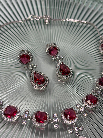 Ruby Red Crystal Necklace Earrings Set, Silver Bridal Statement Jewellery