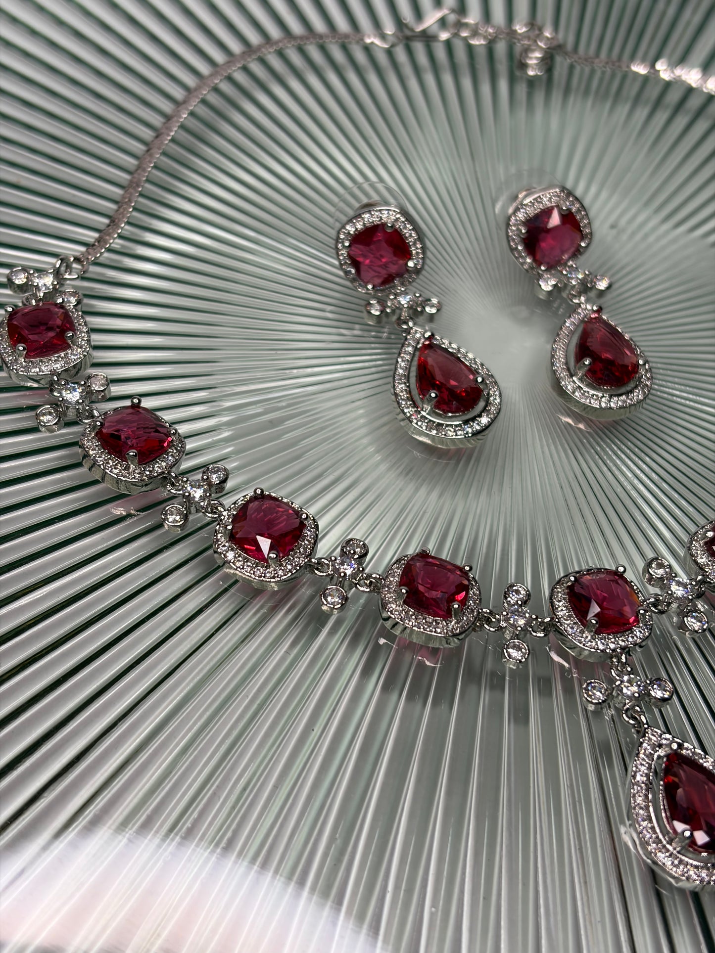 Ruby Red Crystal Necklace Earrings Set, Silver Bridal Statement Jewellery